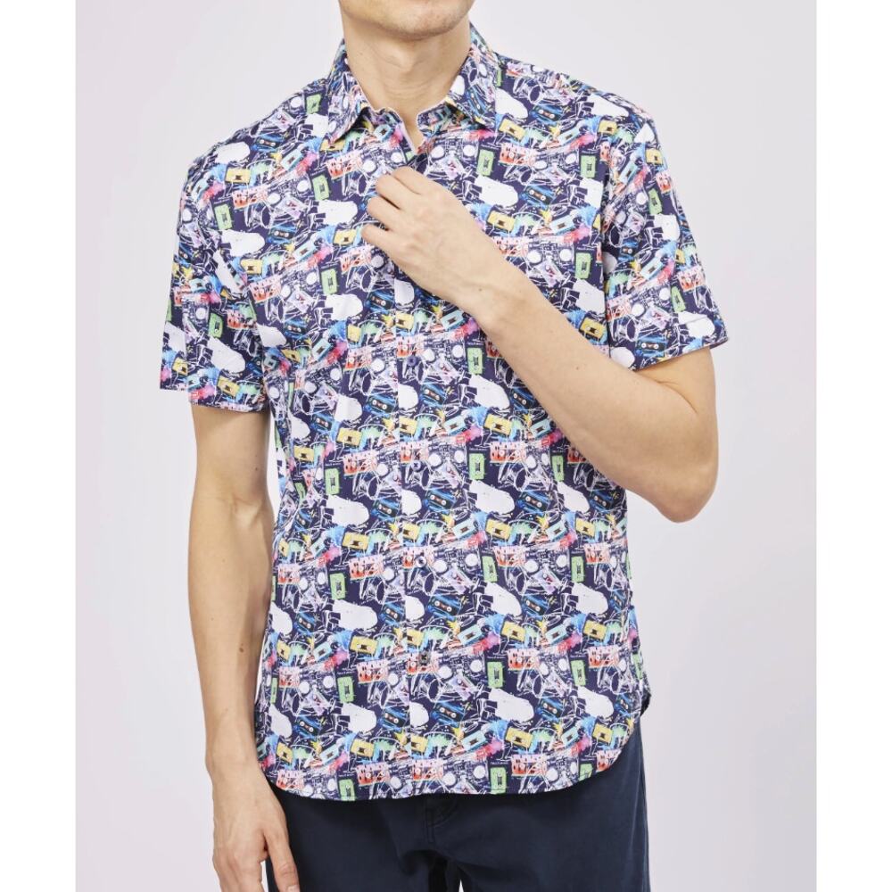 LUCHIANO VISCONTI BLACK Retro 80s Cassette Short Sleeve Shirt | Mens S Multi NWT - Picture 2 of 9